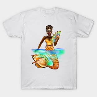 mermaid with gold scales and fan, brown eyes curly Afro hair and dark brown skin. Black mermaids T-Shirt